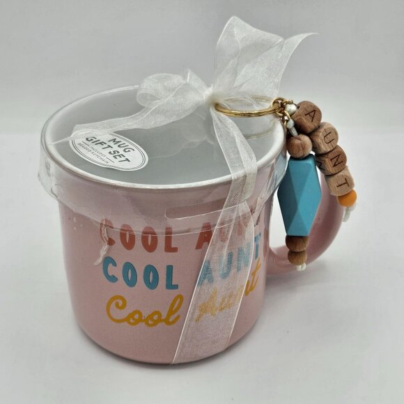 Cool Aunt Pink Ceramic Mug Gift Set With Beaded Keychain Accessory Mug Hot Choco - Picture 3 of 7